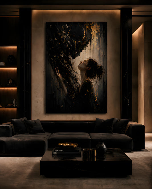 Monumental Veil of Ash statement artwork displayed in a contemporary cinematic collector interior