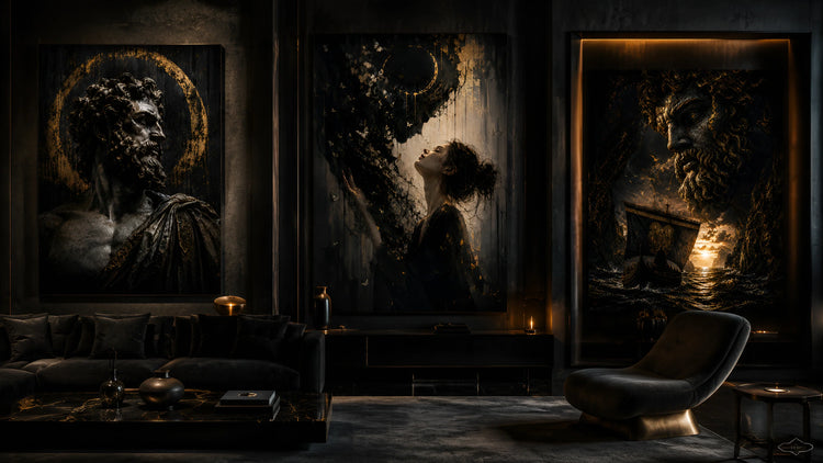 Luxury mythological wall artworks in atmospheric contemporary interior