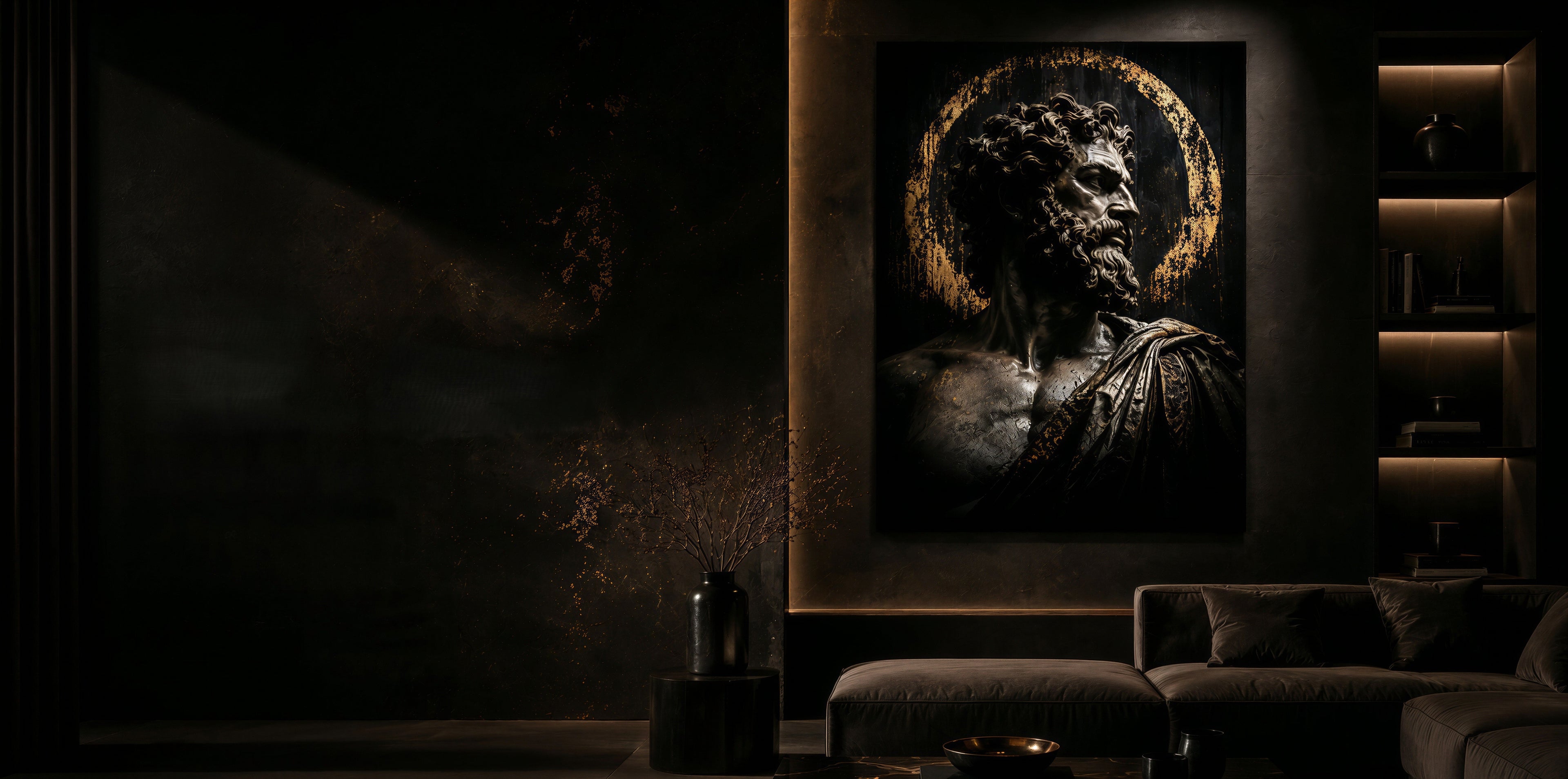 The Stoic brushed aluminium artwork displayed in dark cinematic luxury interior