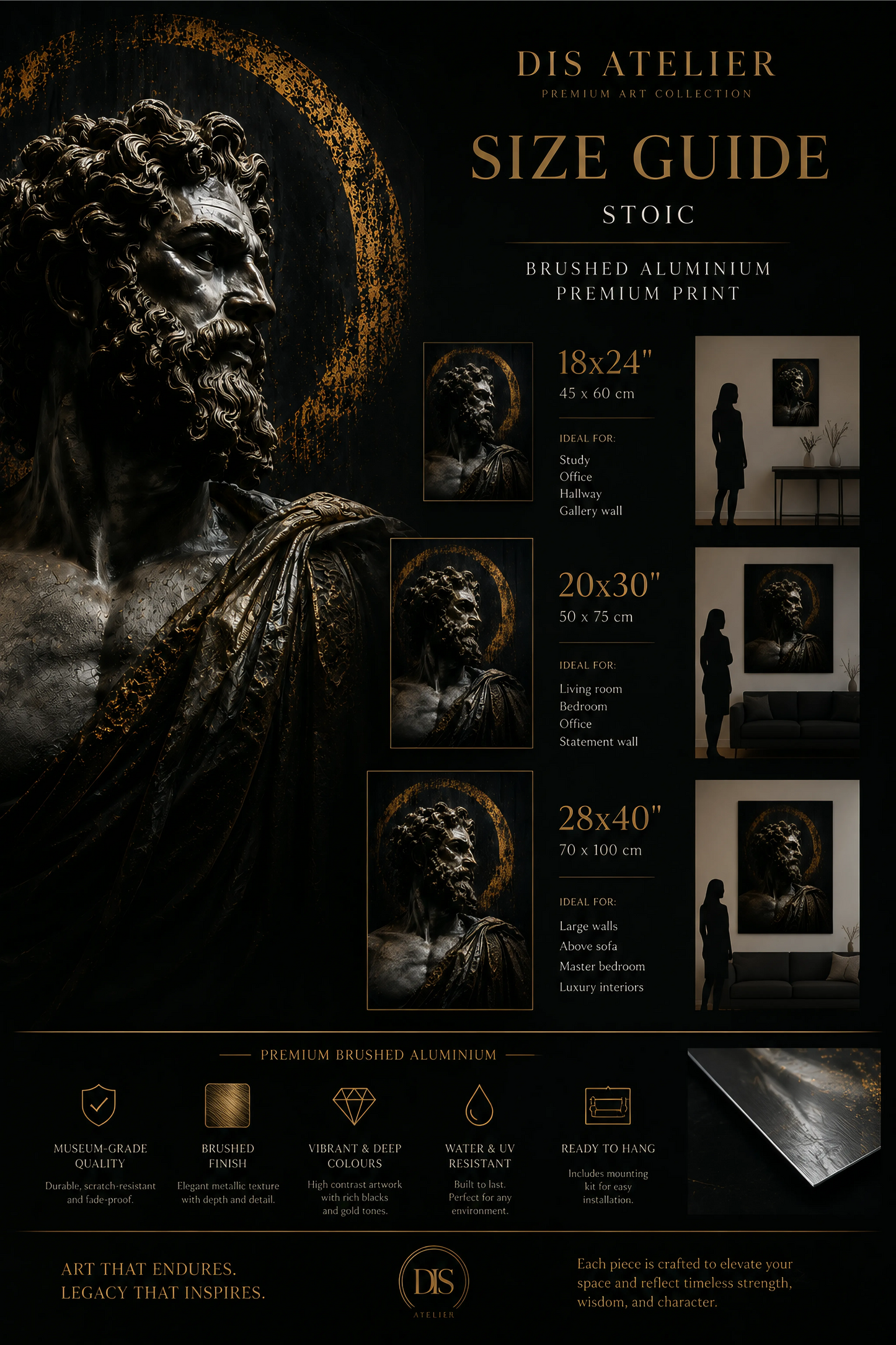 The Stoic brushed aluminium artwork size guide