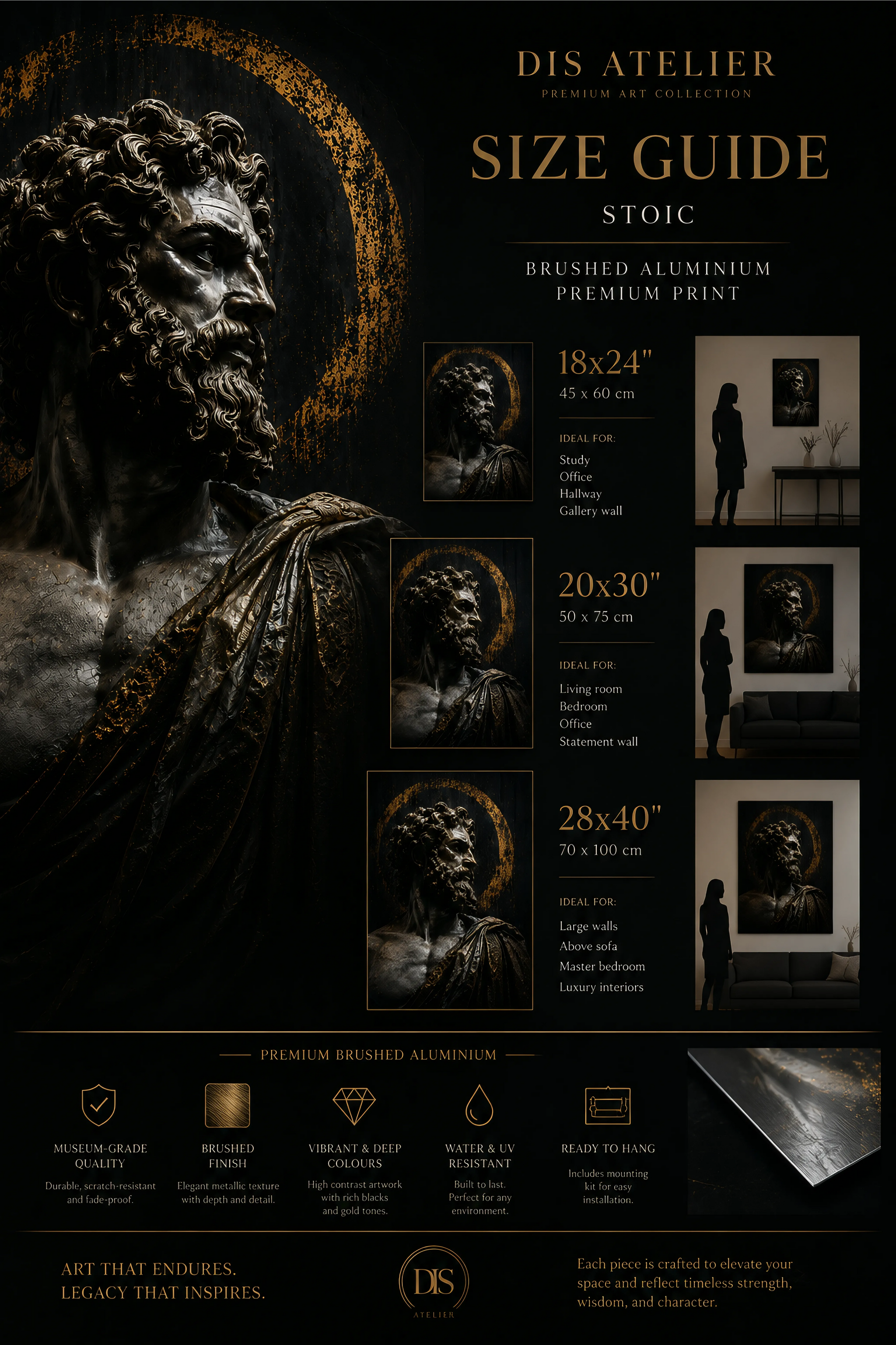 The Stoic brushed aluminium artwork size guide