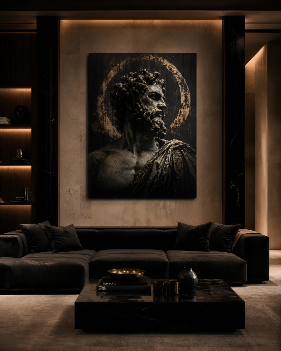 The Stoic brushed aluminium wall artwork in warm architectural interior