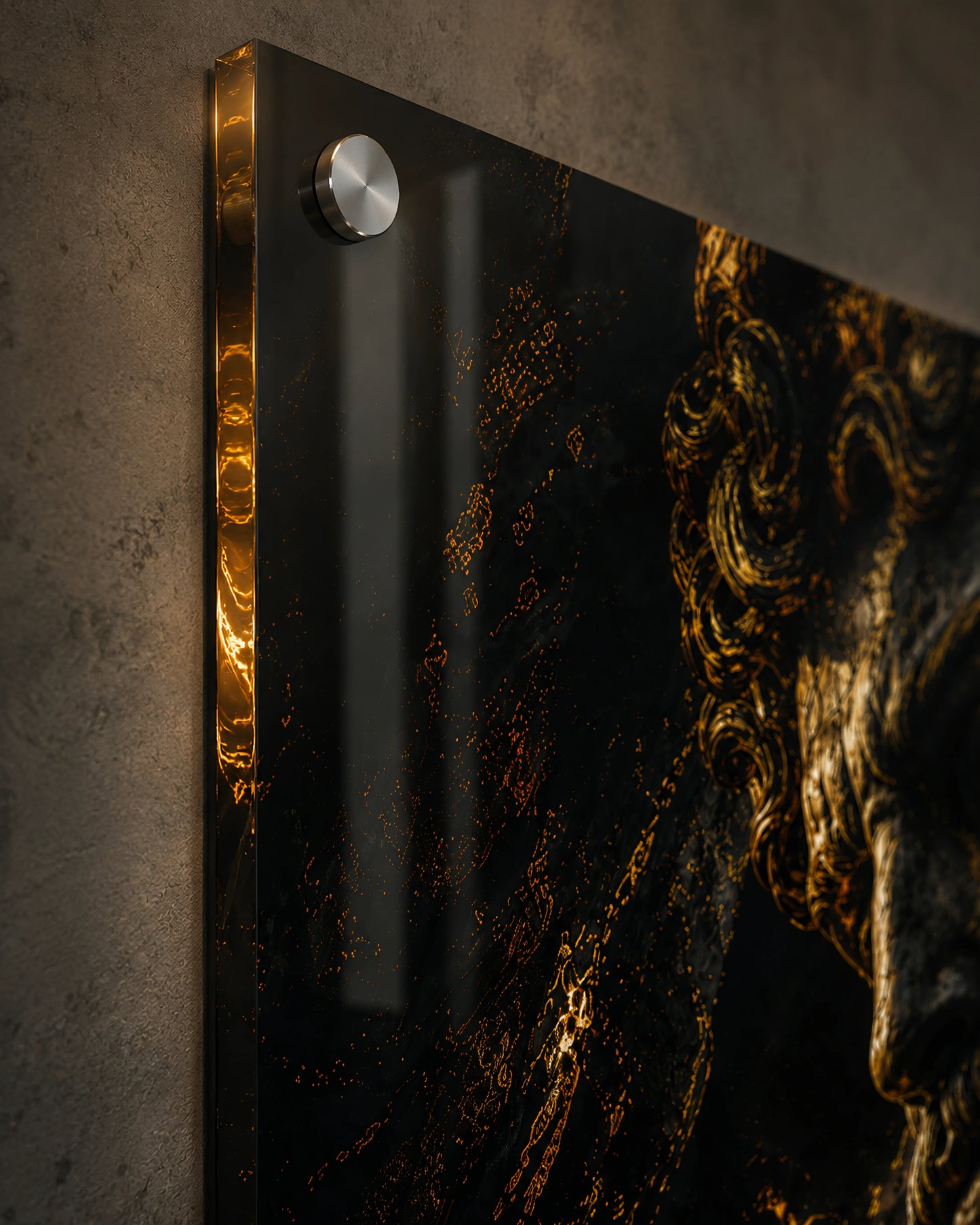 Close-up side profile of Aeterna acrylic wall art showing floating mount and reflective depth