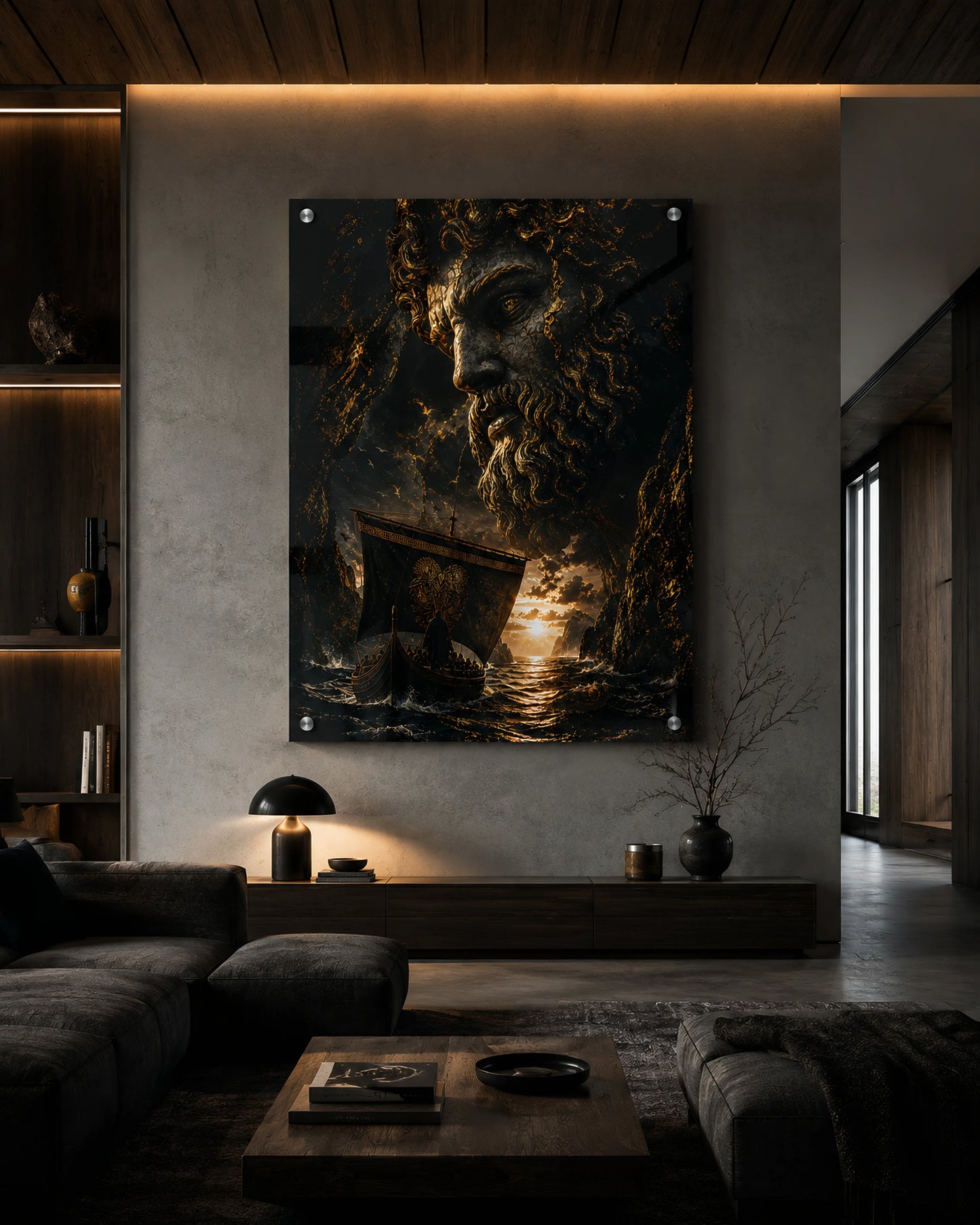 Monumental Aeterna mythological artwork installed in modern architectural living space