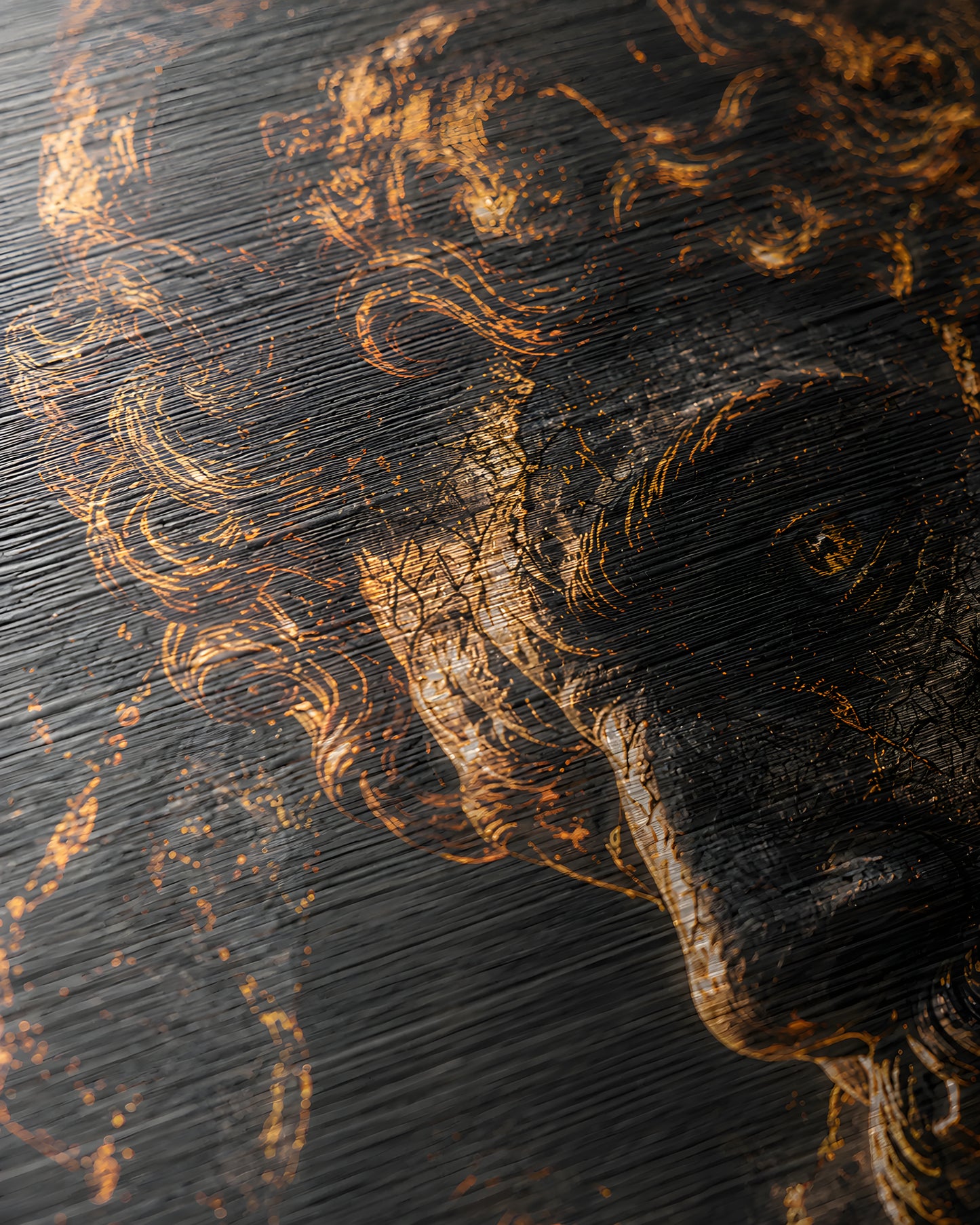Close-up brushed aluminium texture detail with metallic gold highlights from Aeterna artwork