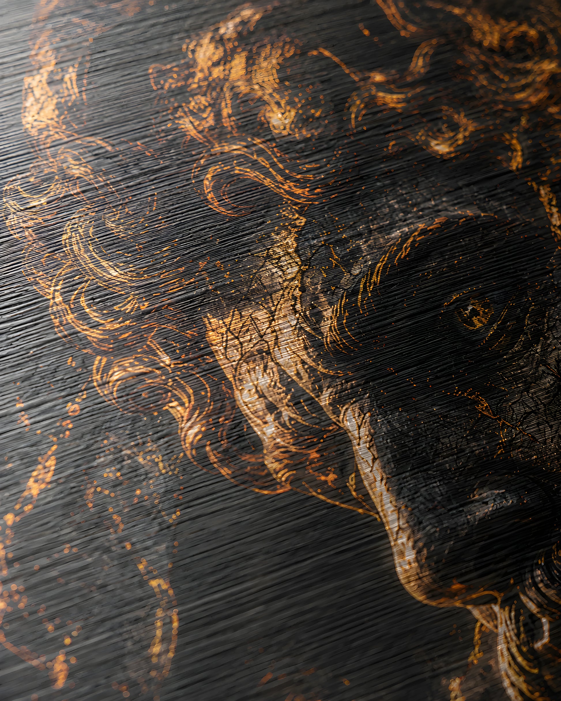 Close-up brushed aluminium texture detail with metallic gold highlights from Aeterna artwork