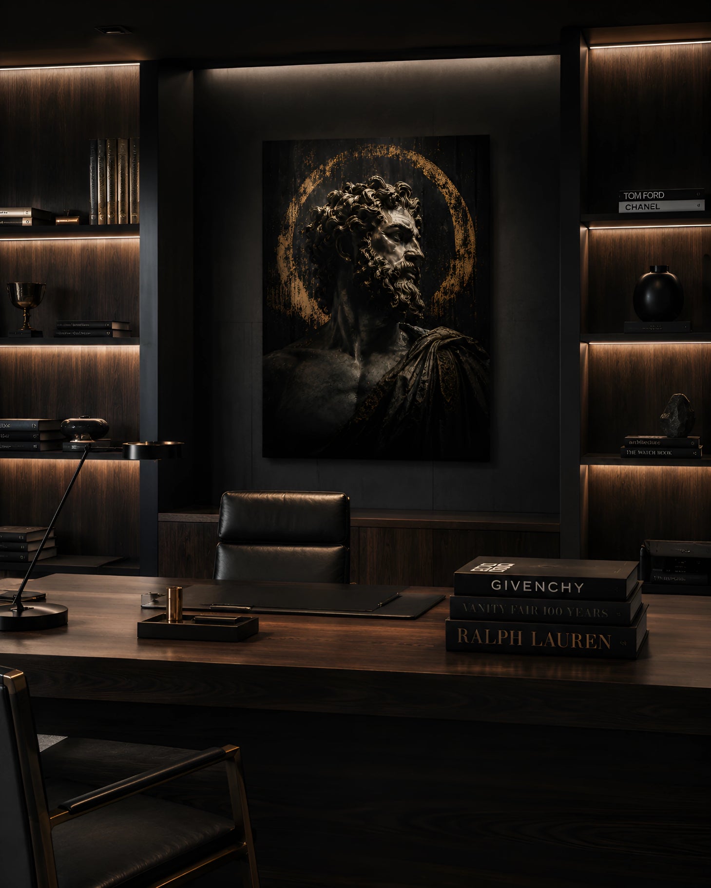 Luxury office interior featuring The Stoic aluminium wall art