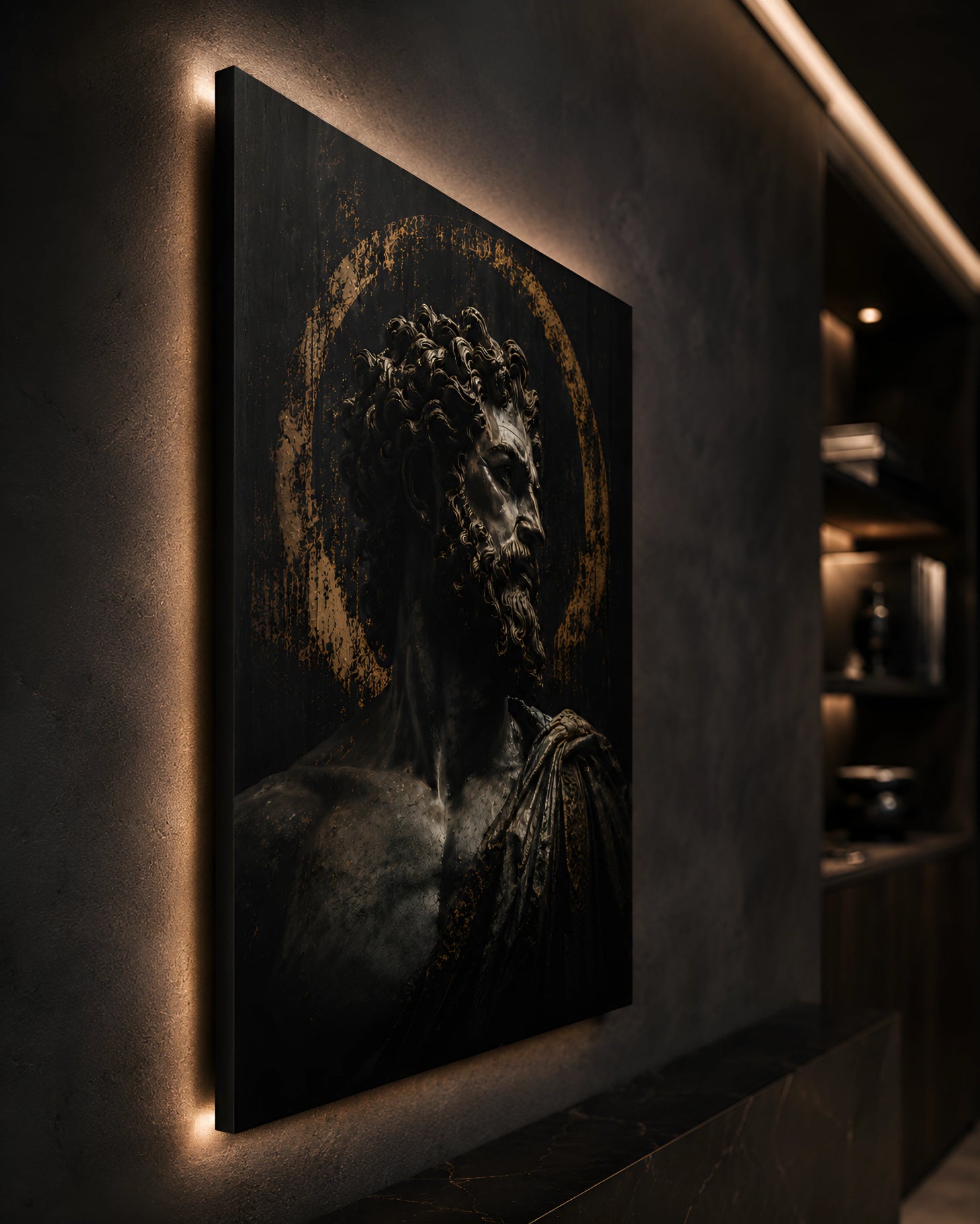 Close-up side profile of The Stoic aluminium artwork