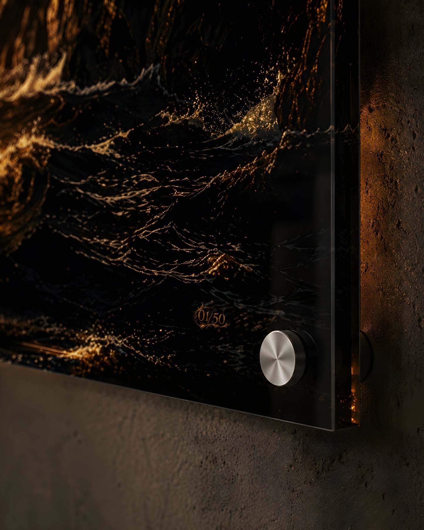 Close-up side profile of Aeterna acrylic wall art showing floating mount and reflective depth