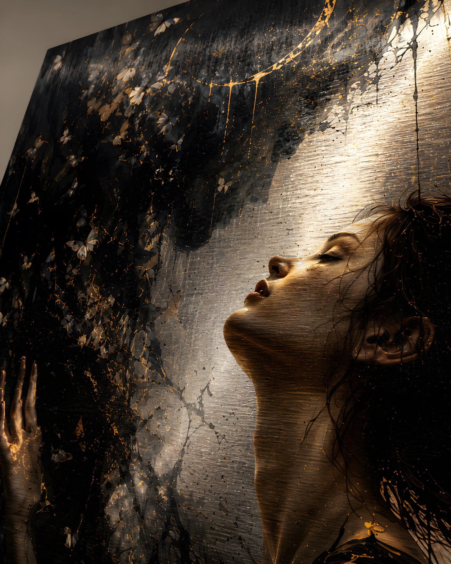 Close-up atmospheric detail from Veil of Ash featuring drifting butterflies, shadow textures, and metallic gold accents