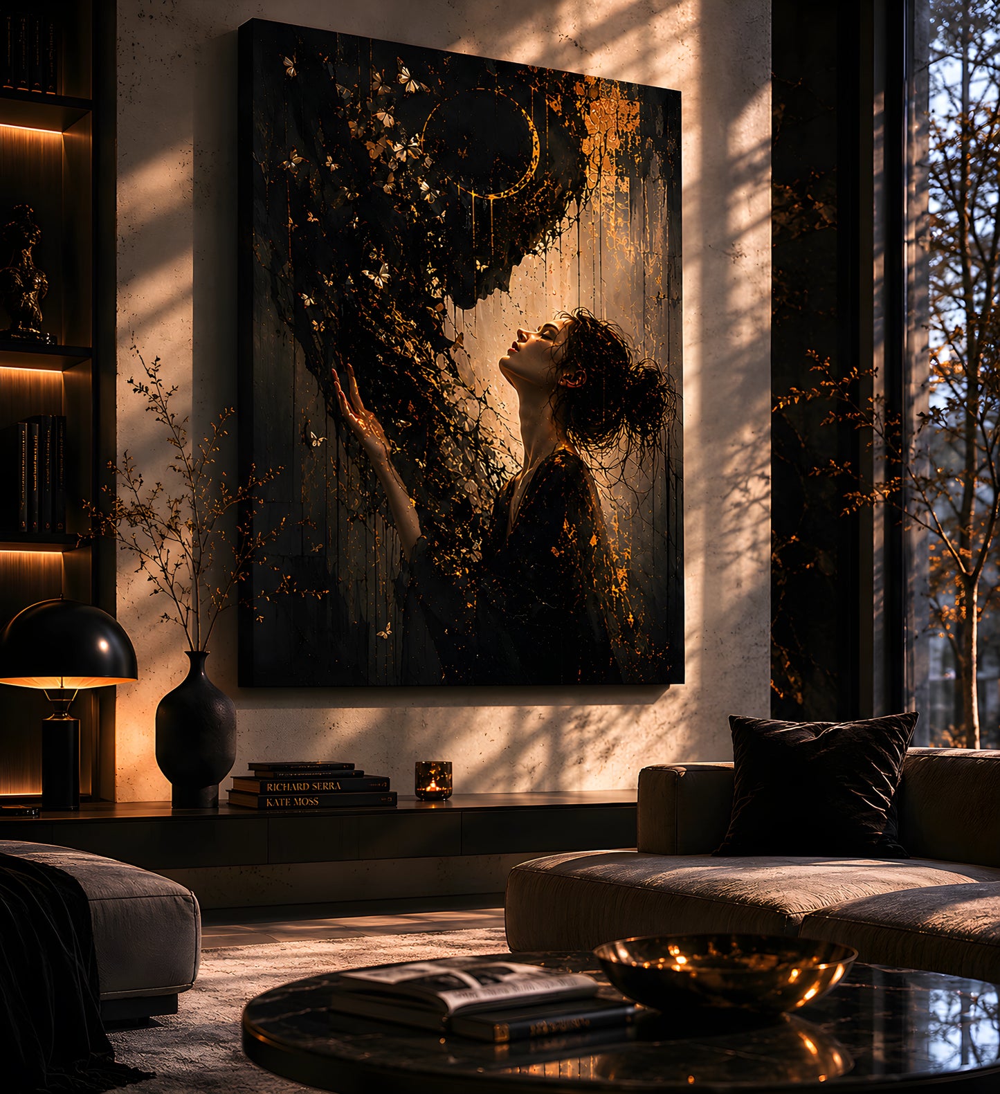 Monumental Veil of Ash statement artwork displayed in a contemporary cinematic collector interior