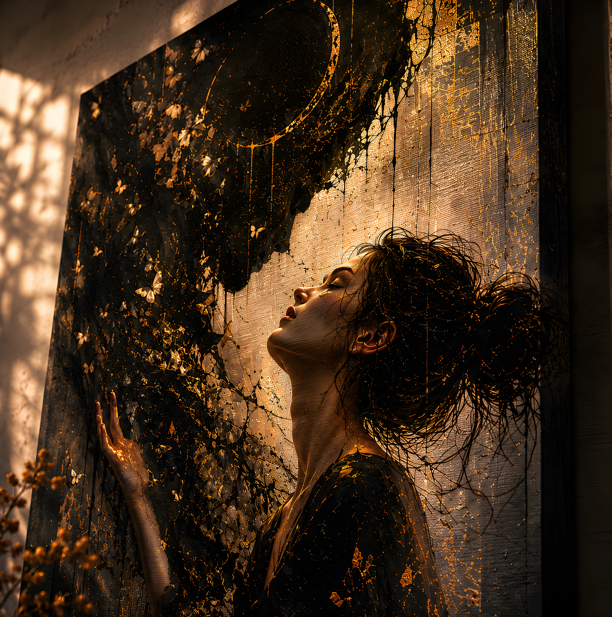 Veil of Ash gothic wall artwork displayed in a cinematic luxury interior with black and gold atmospheric lighting