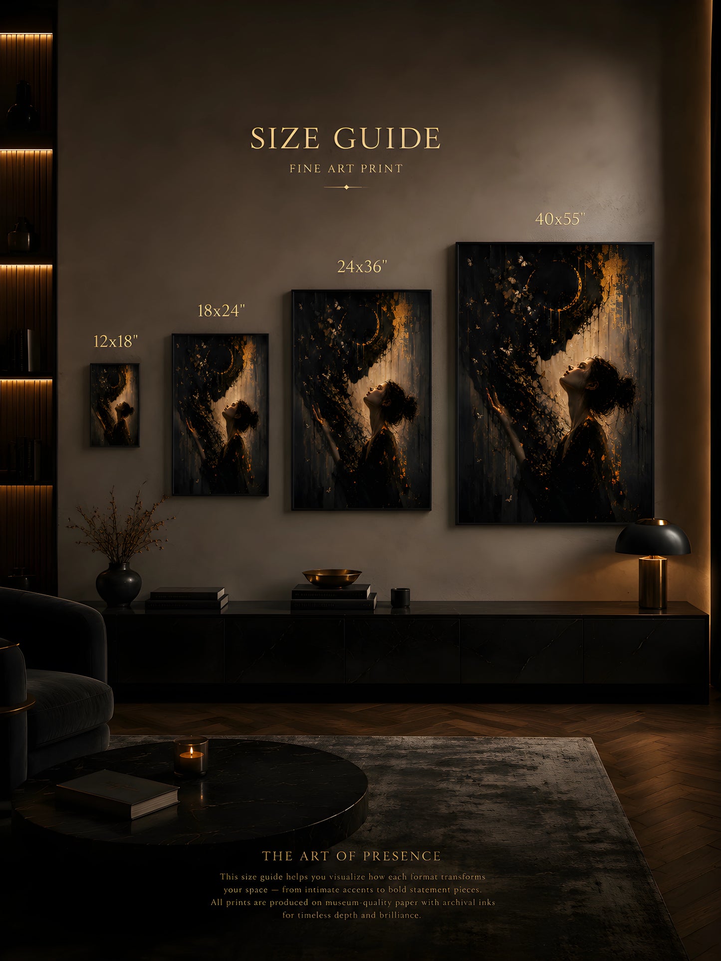 Veil of Ash wall art size guide showing available collector formats and interior scale comparison