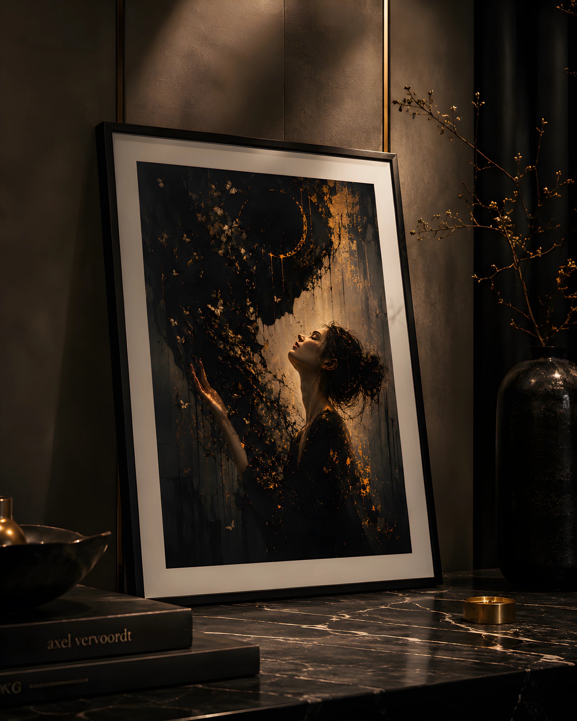 Framed Veil of Ash artwork styled within a moody luxury interior with warm architectural lighting